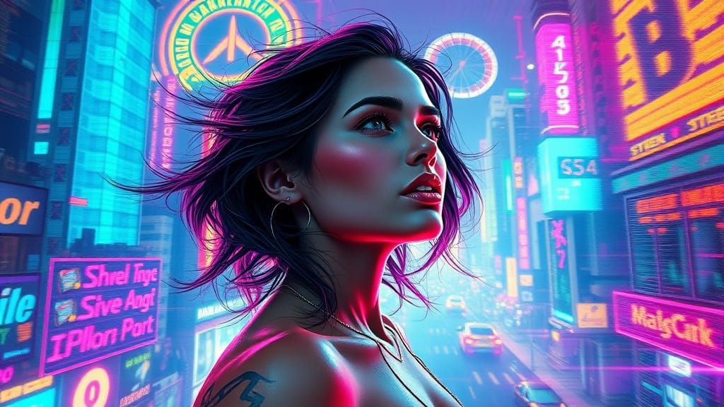 Dystopian Cityscape with Psychedelic Vaporwave Art