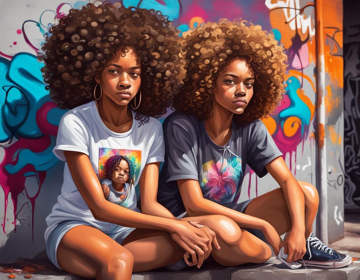 Afro-Latina Teen and Mother in Graffiti Art Style