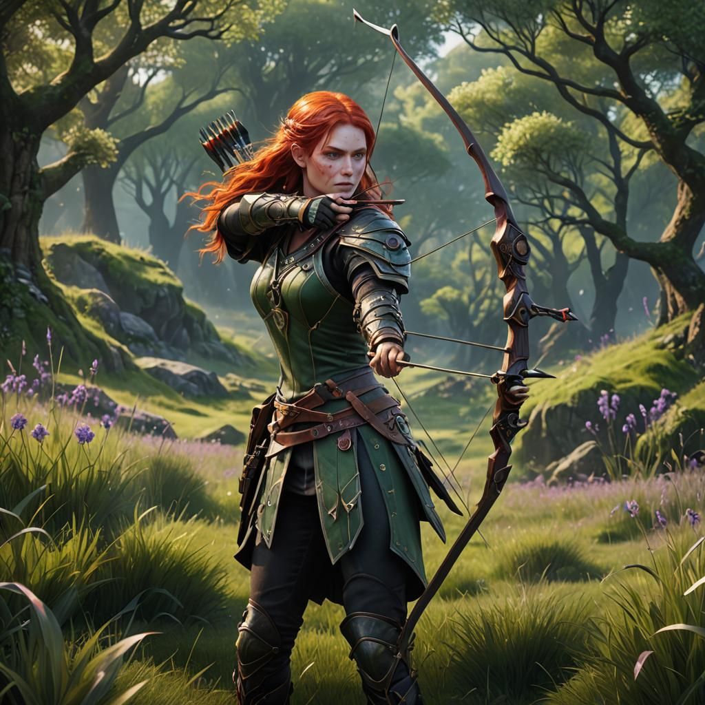Fantasy Archer with Red Hair and Violet Eyes