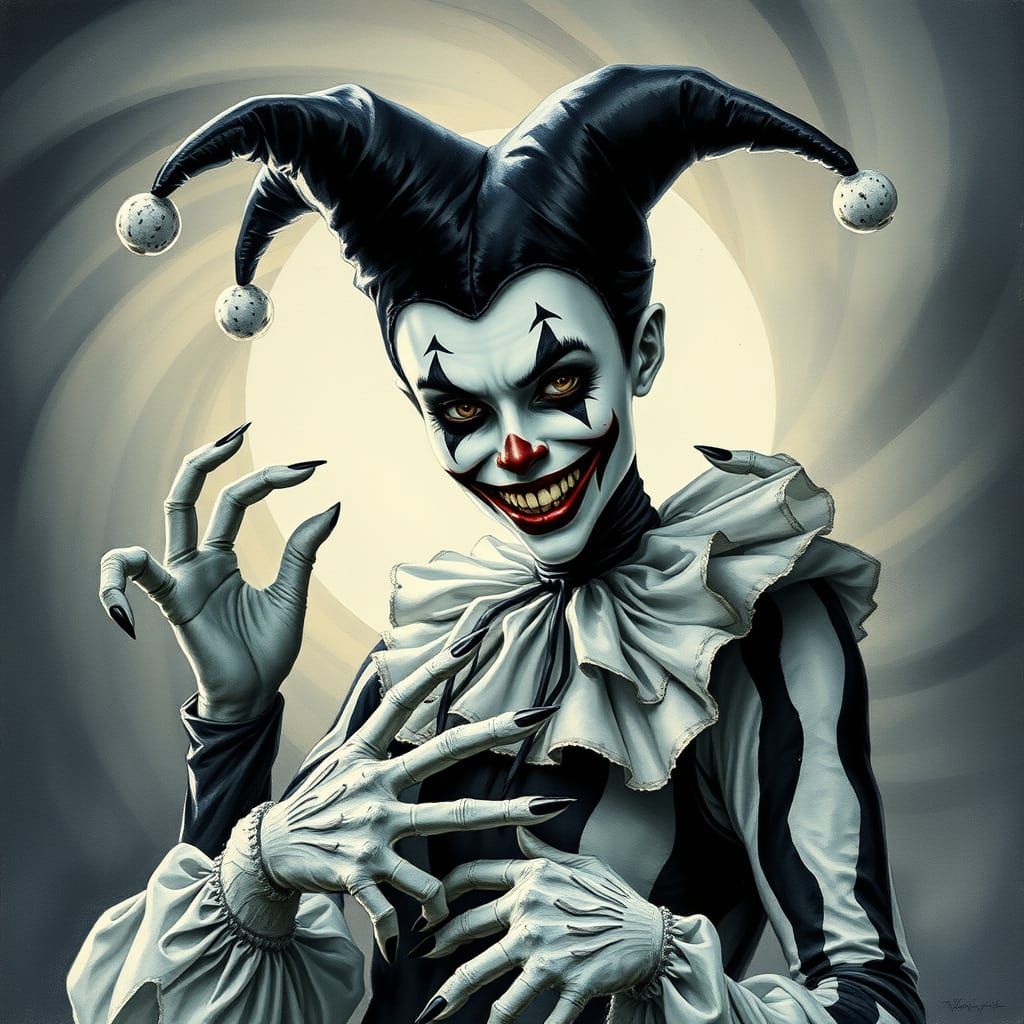 Gothic Harlequin in Eerily-Lit Backdrop