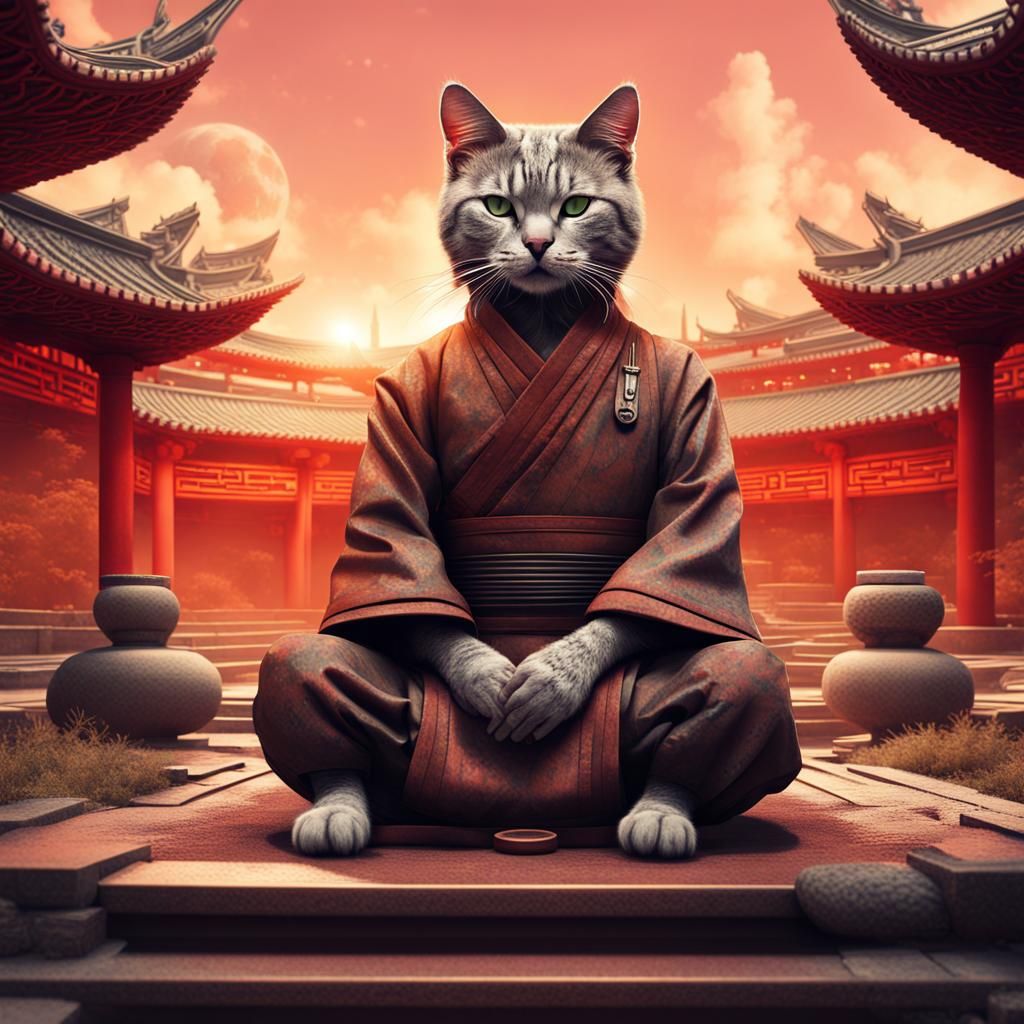 Cyberpunk Samurai Cat Meditating in Zen Garden