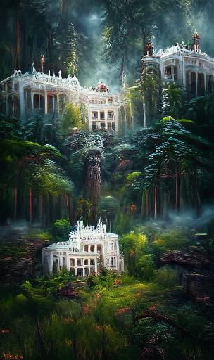 Astral Palace in Forest: Holographic Mixed Media Illustratio...