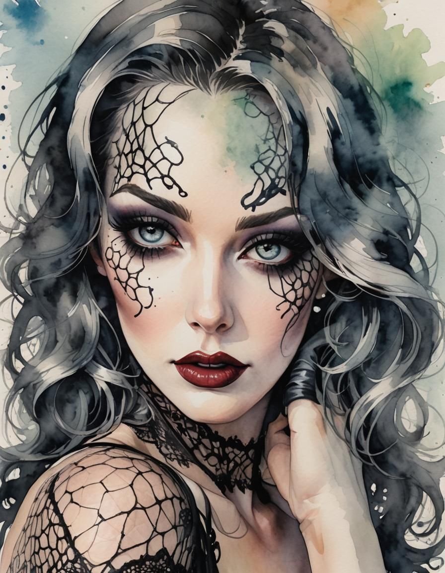 close-up boudoir portrait, alluring, trailer park trash symbiote, fishnet stockings, trashy, beautiful female
