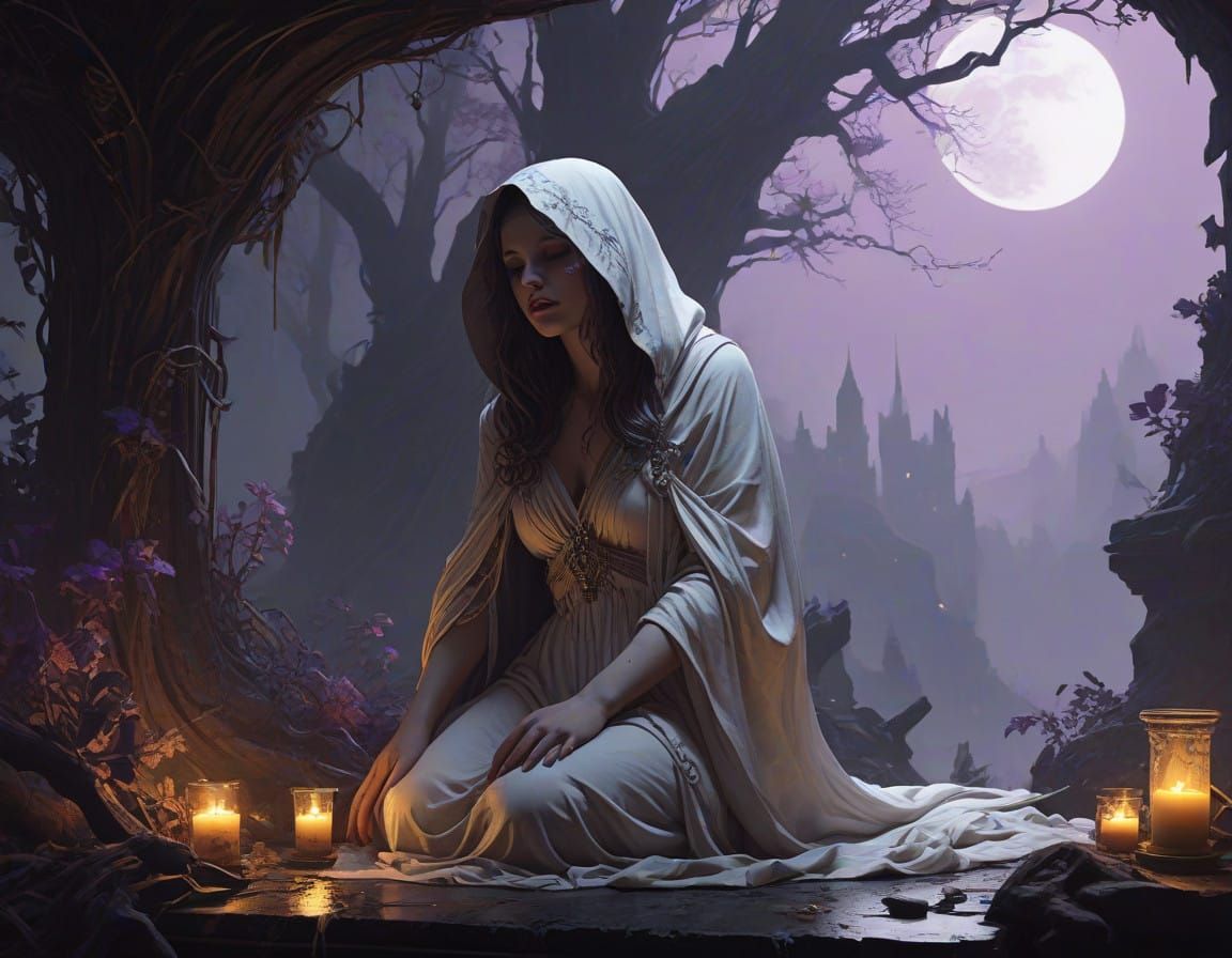 Tortured Woman on Dark Altar Under Malevolent Wizard