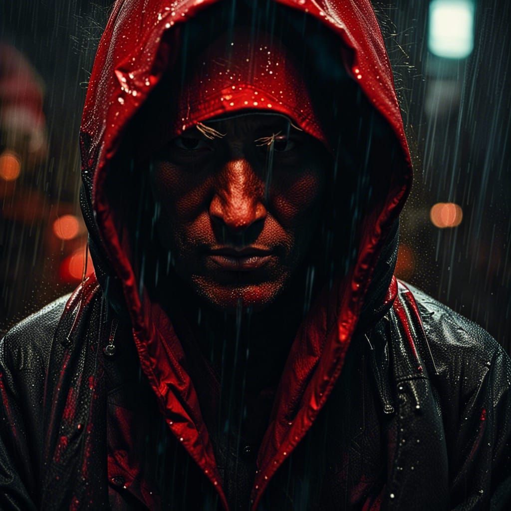 Hooded Figure in Dark City, Hyperrealistic Street Art