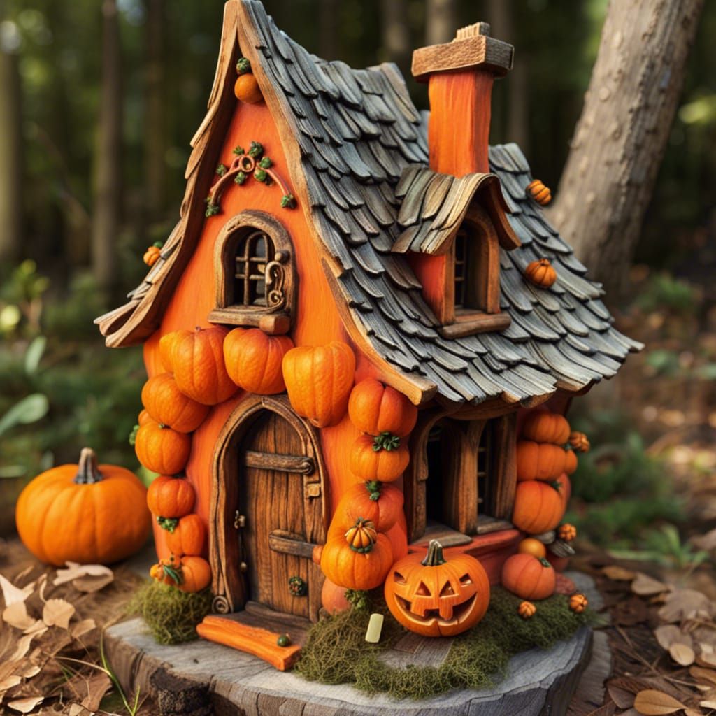 Realistic Orange Jack-o'-Lantern Fairy House