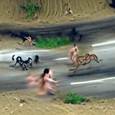 frightened naked people being chased by animals