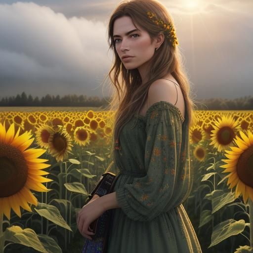 Hippy snow white 
Sunflowers all around intricate details, H...