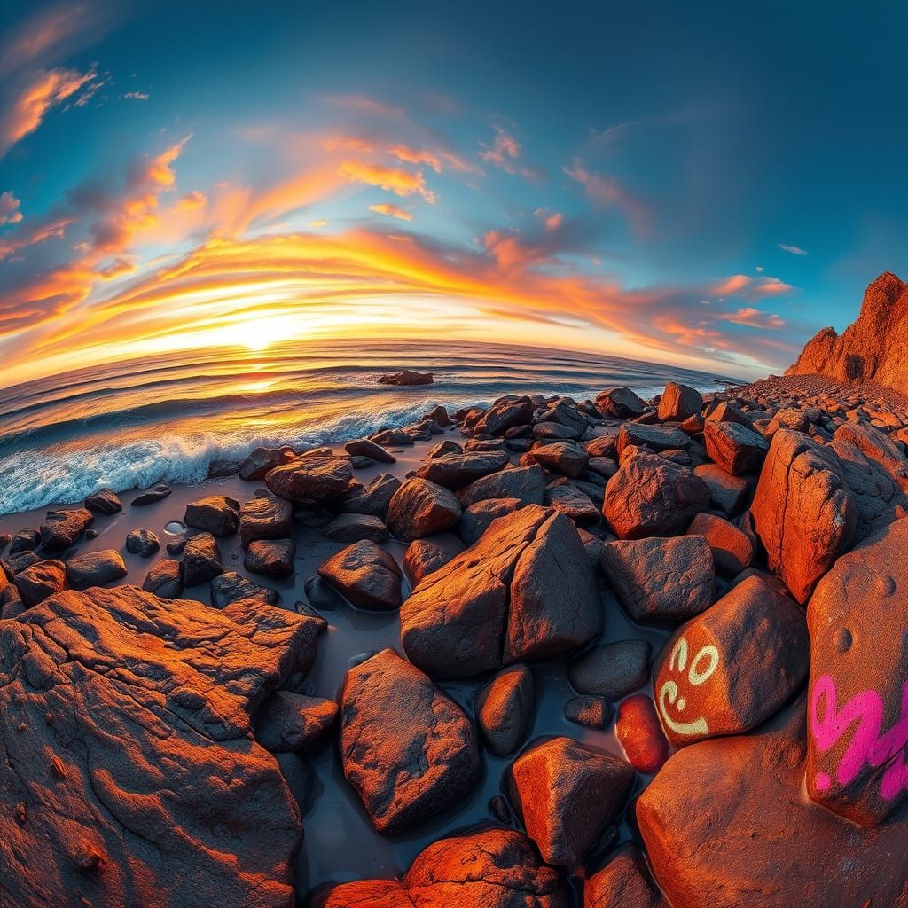 Vibrant Rocky Beach Sunset in Hyperdetailed Panorama
