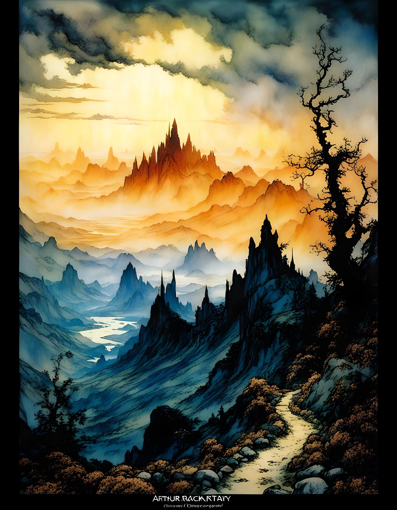 Path through Beautiful fantasy fairy mountains, art by Arthur Rackham