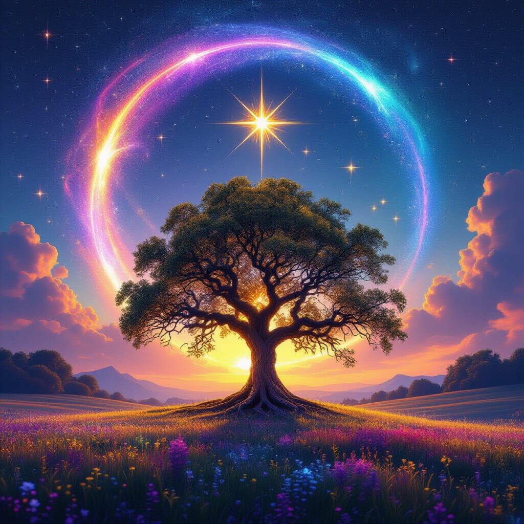 Cosmic Tree in Rainbow Meadow with Stardust Arc