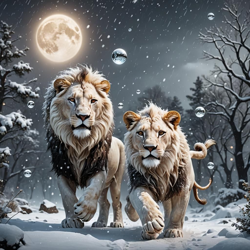 Lion Children Dancing in Snowy Moonlight
