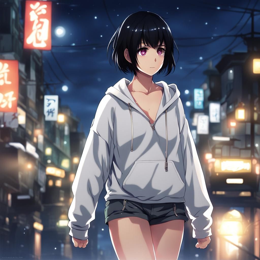 Anime Girl Walking at Night in Manga Style
