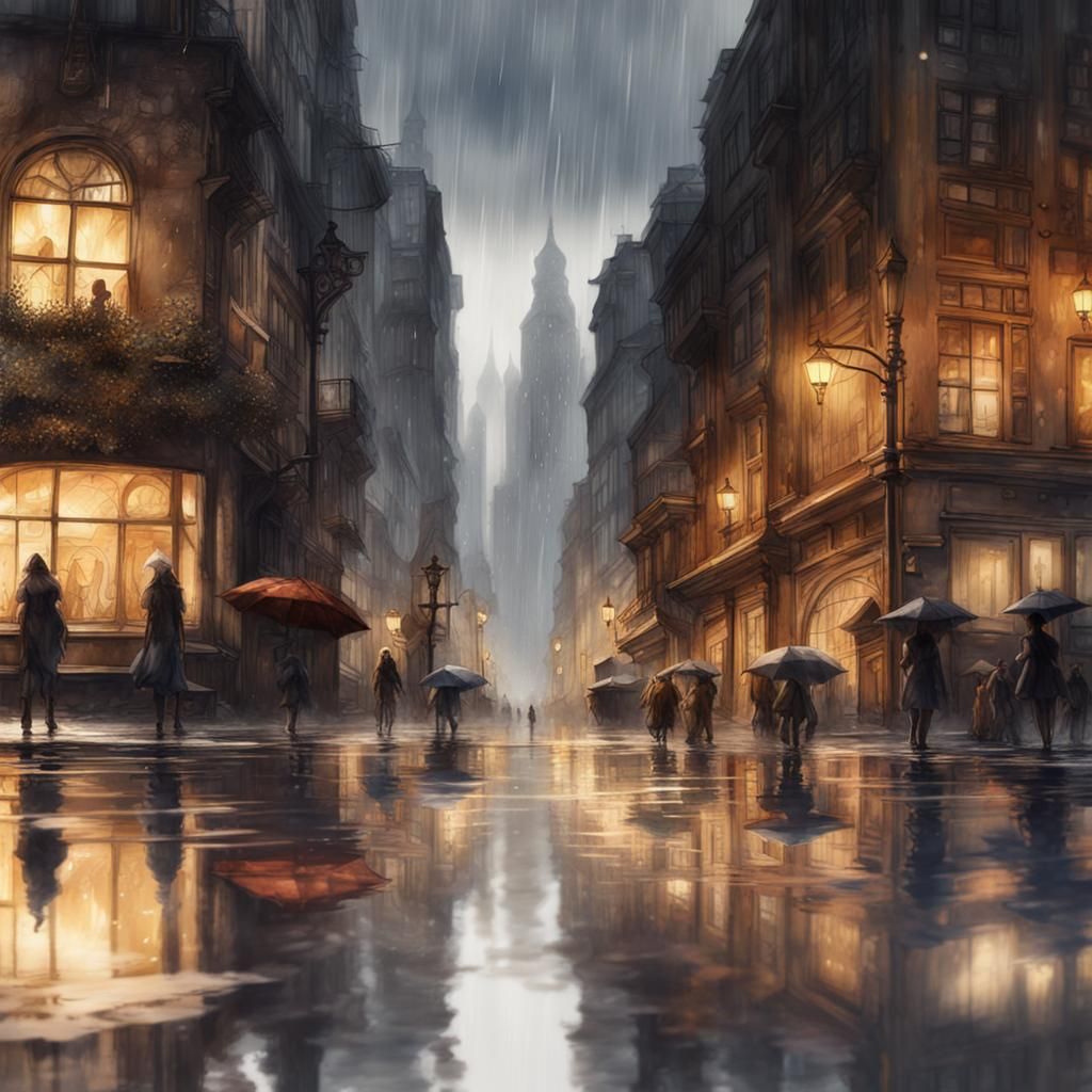 Rainy Cityscape in Watercolor Inkwash Style