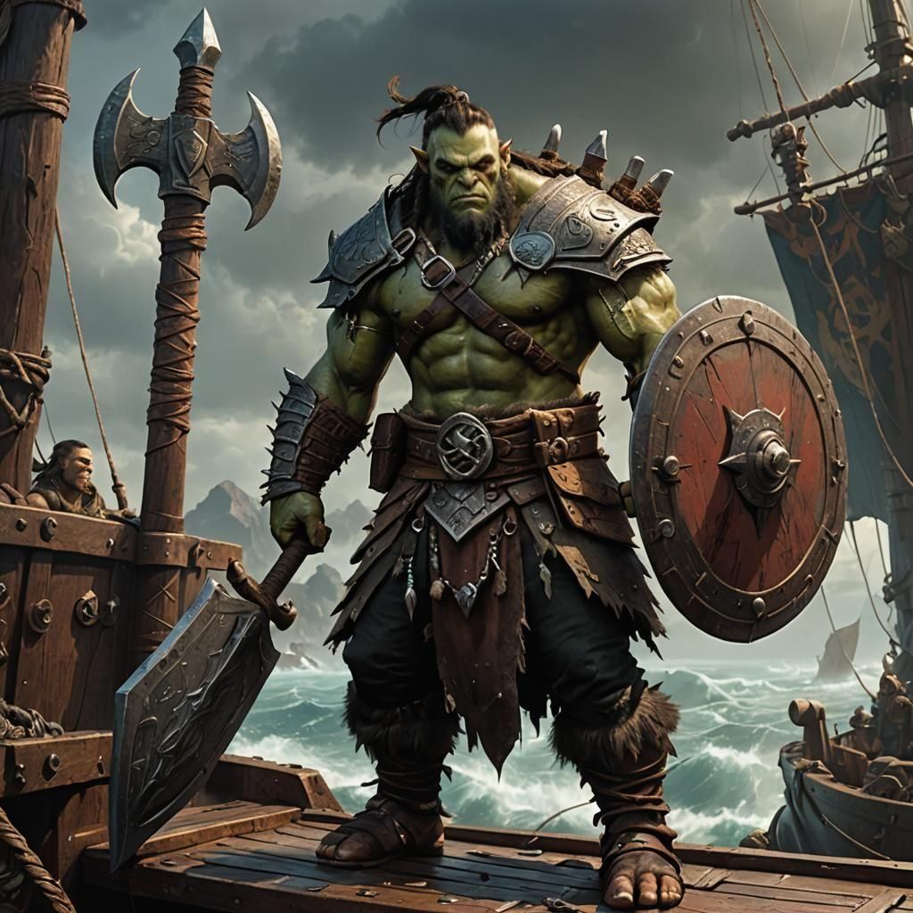 Half-Orc Barbarian on Ship, Detailed Matte Painting