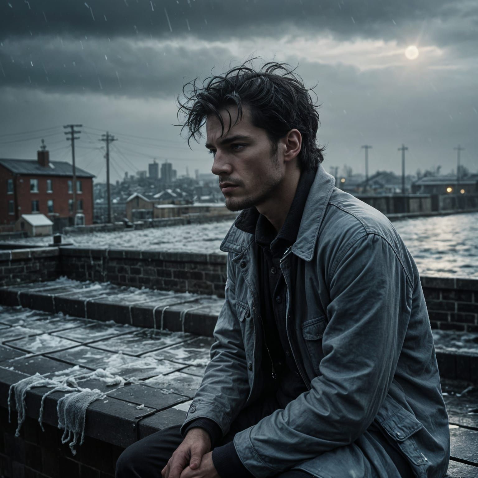 Young Man Defies Winter Storm in Urban Landscape