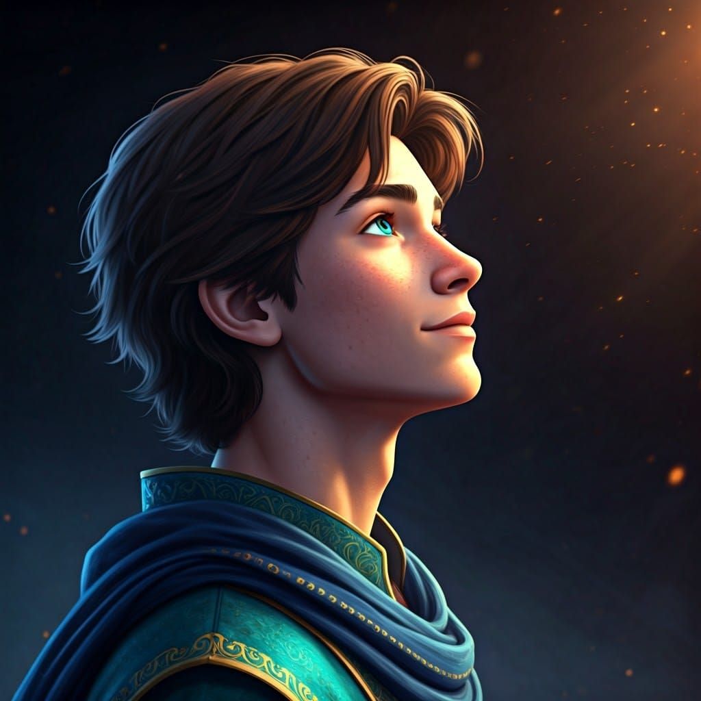 Teenage Boy in Teal Tunic Gazing at Light