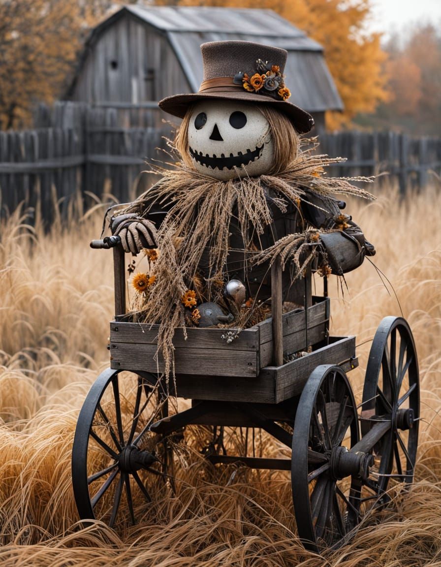 Forgotten Scarecrow Sleeps in Frosty Autumn Garden