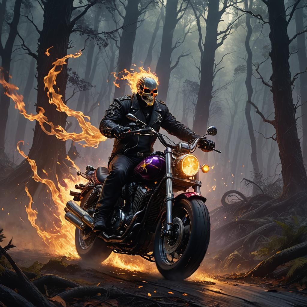 Ghost Rider on Flaming Motorcycle in Dark Forest