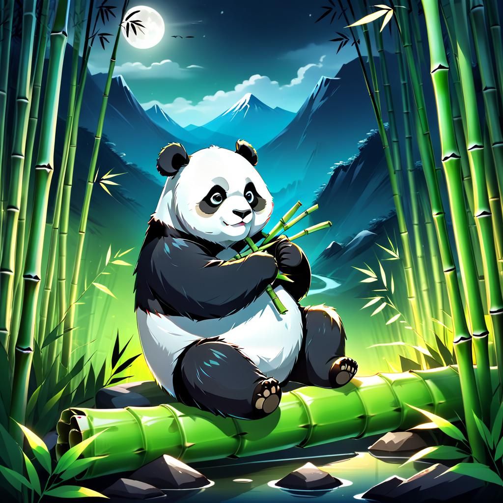 Panda Chilling in Dark Mountain Landscape