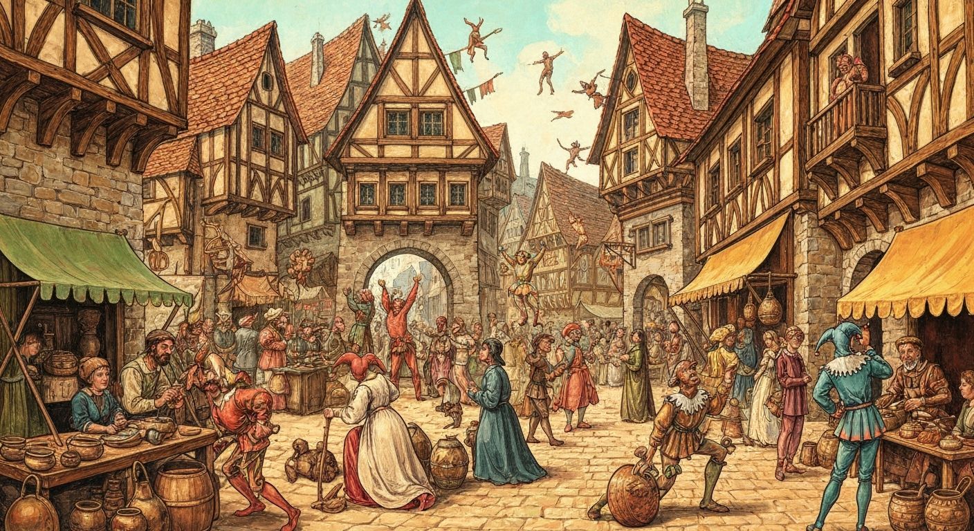 Medieval Festival Market with Jesters and Acrobats
