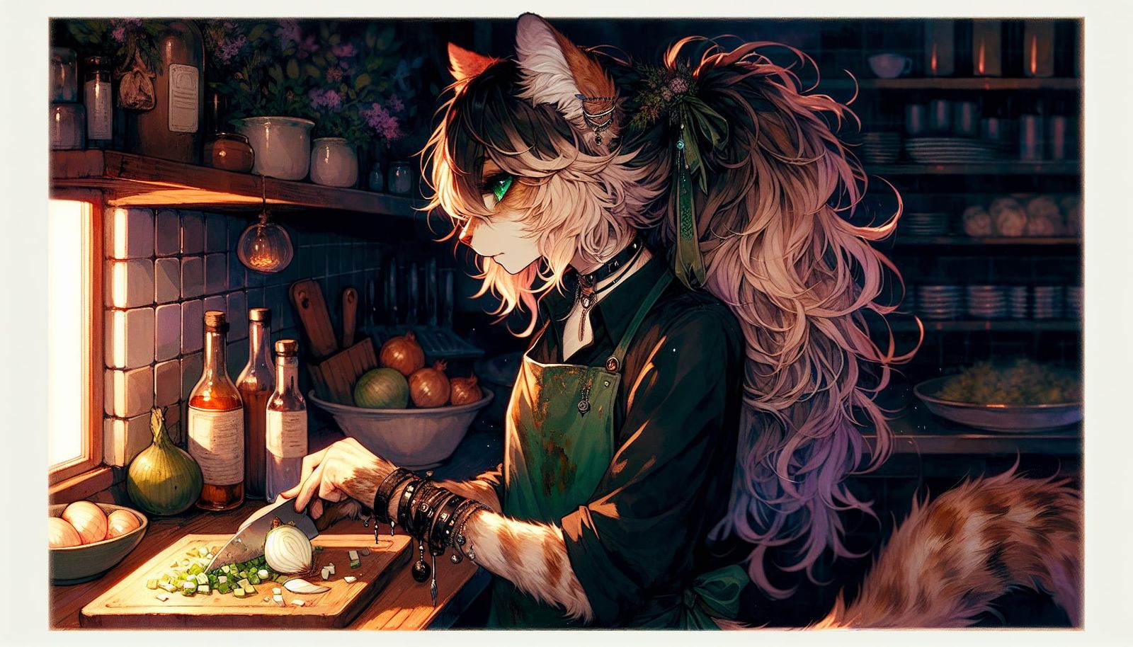 Anime Manga Cat Chef in Kitchen with Watercolor Art
