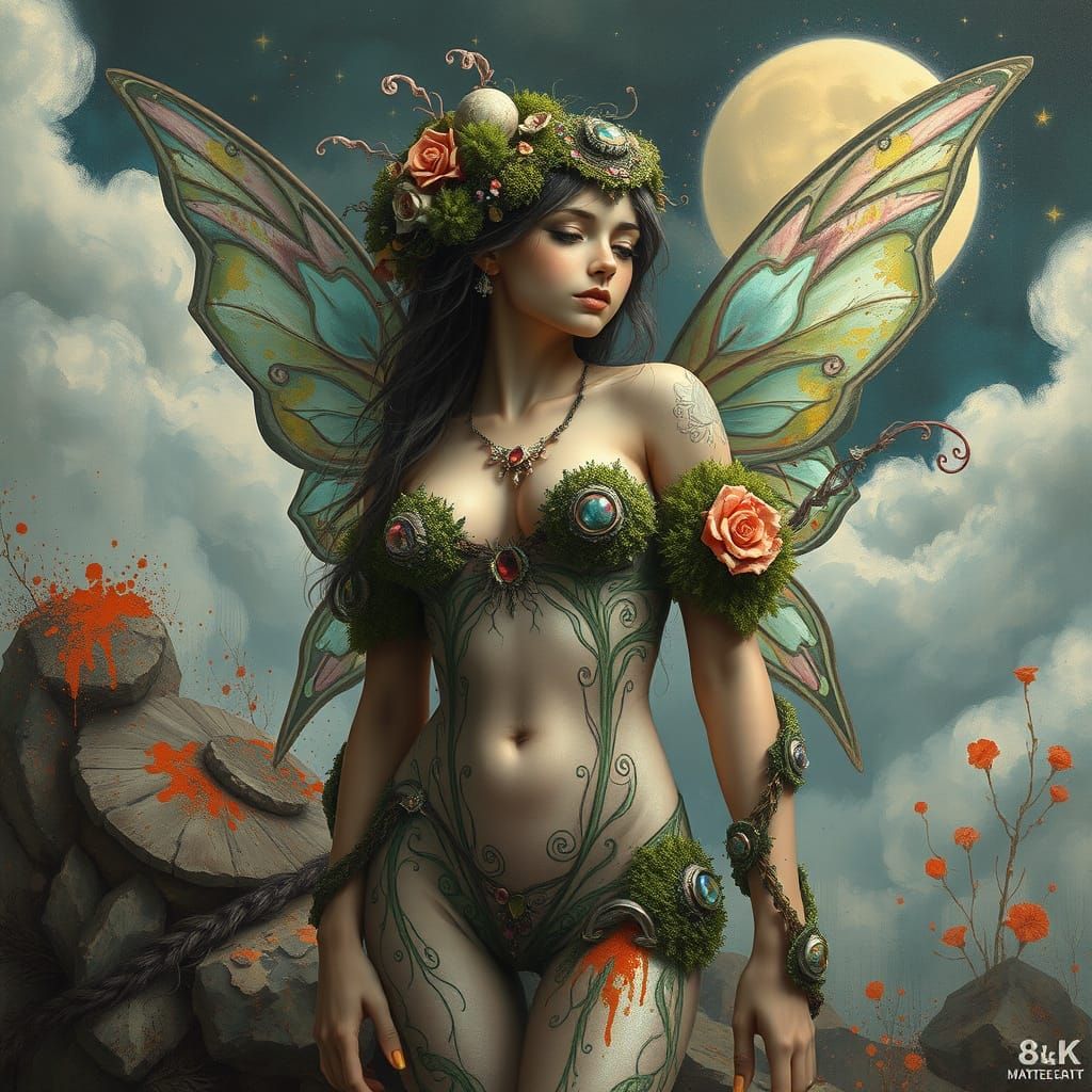 A fairy in a form-fitting, low-cut moss rock outfit stands i...