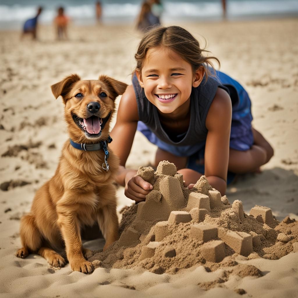 Girl Laughing on Beach with Puppy Portrait