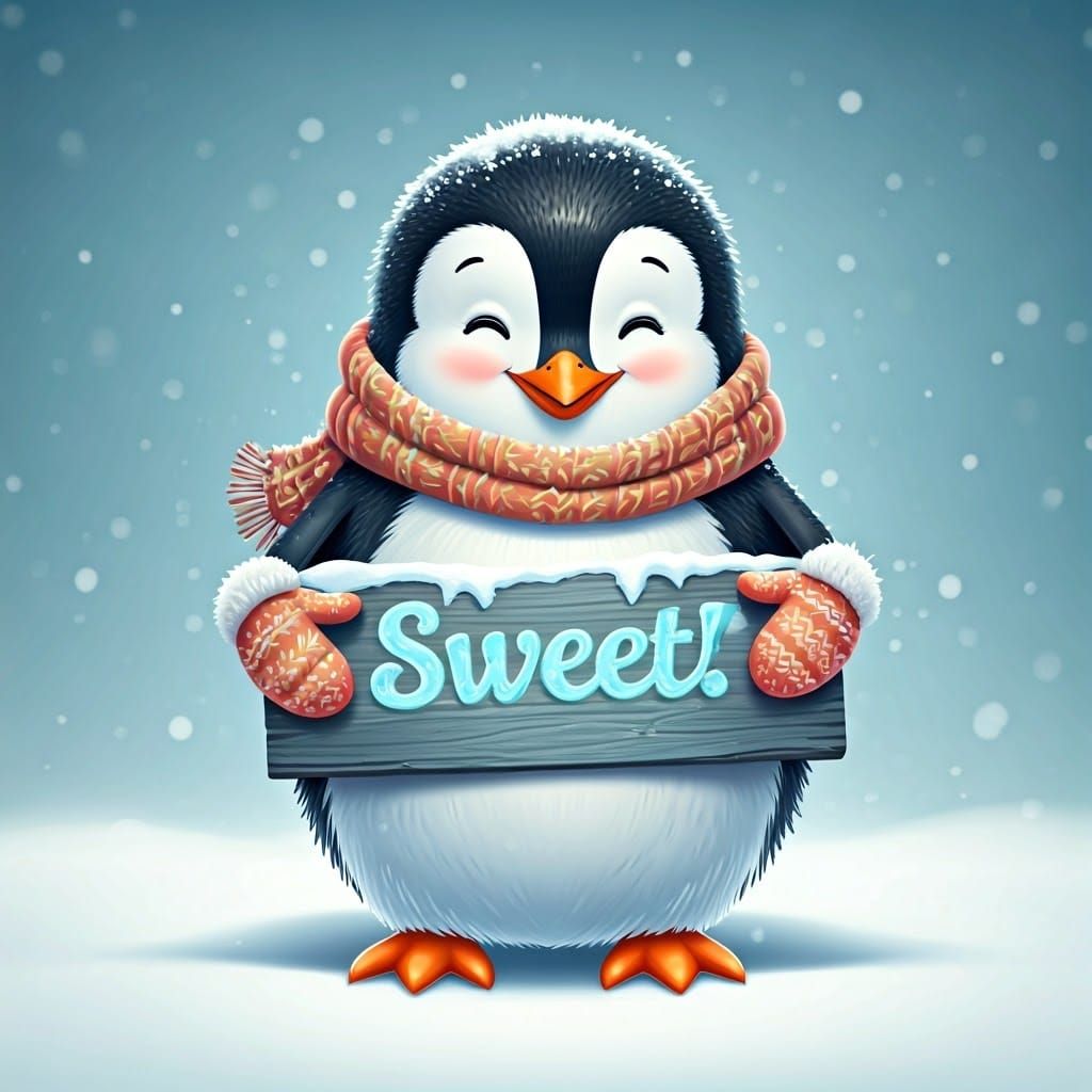 Penguin in Winter Wonderland with Whimsical Sign