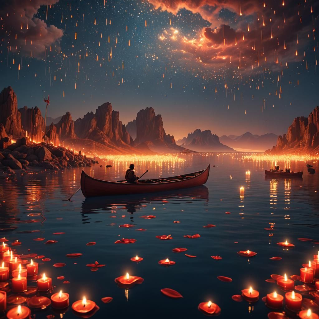 Red Sea Canoe Under Glowing Candles: Matte Painting