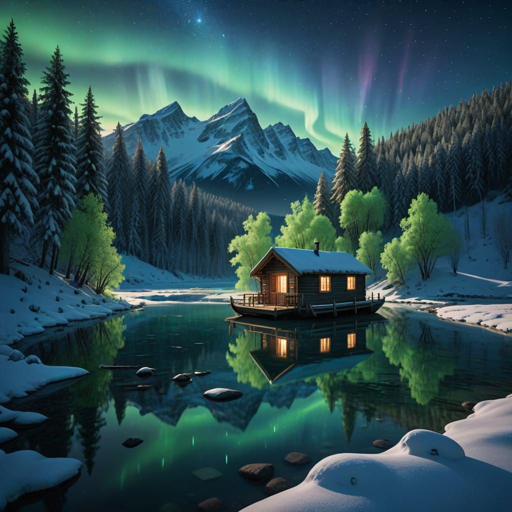 Winter Wonderland with Glowing Cabin and Vibrant Aurora