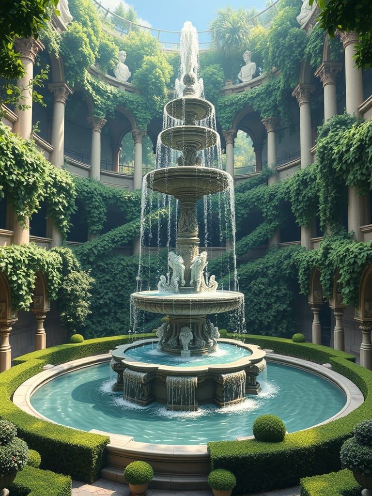 Majestic Fountain with Fractal Stone Columns