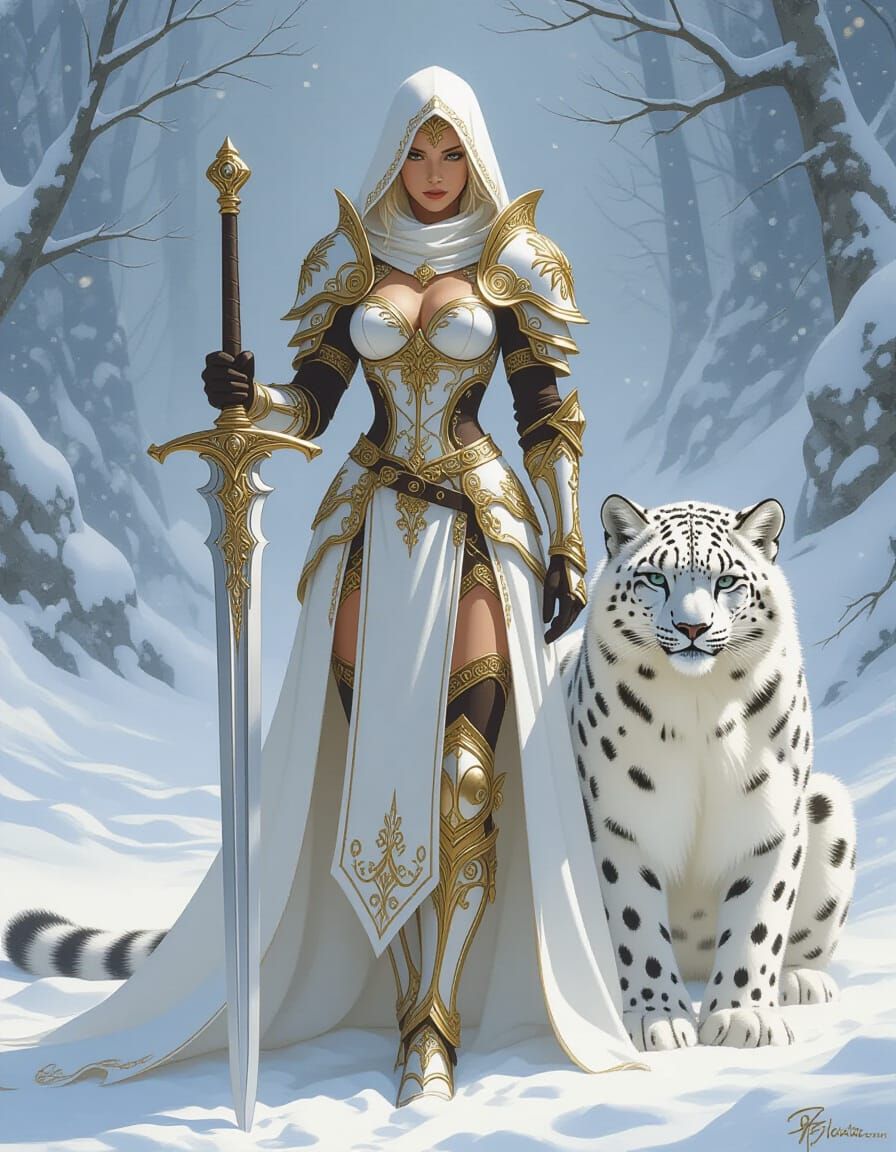 Fantasy Warrior with Snow Leopard in Snowy Realm