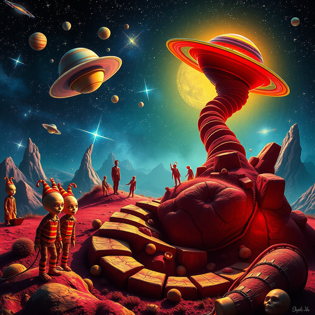 Photorealistic Corkscrew Landscape with Cosmic Elements