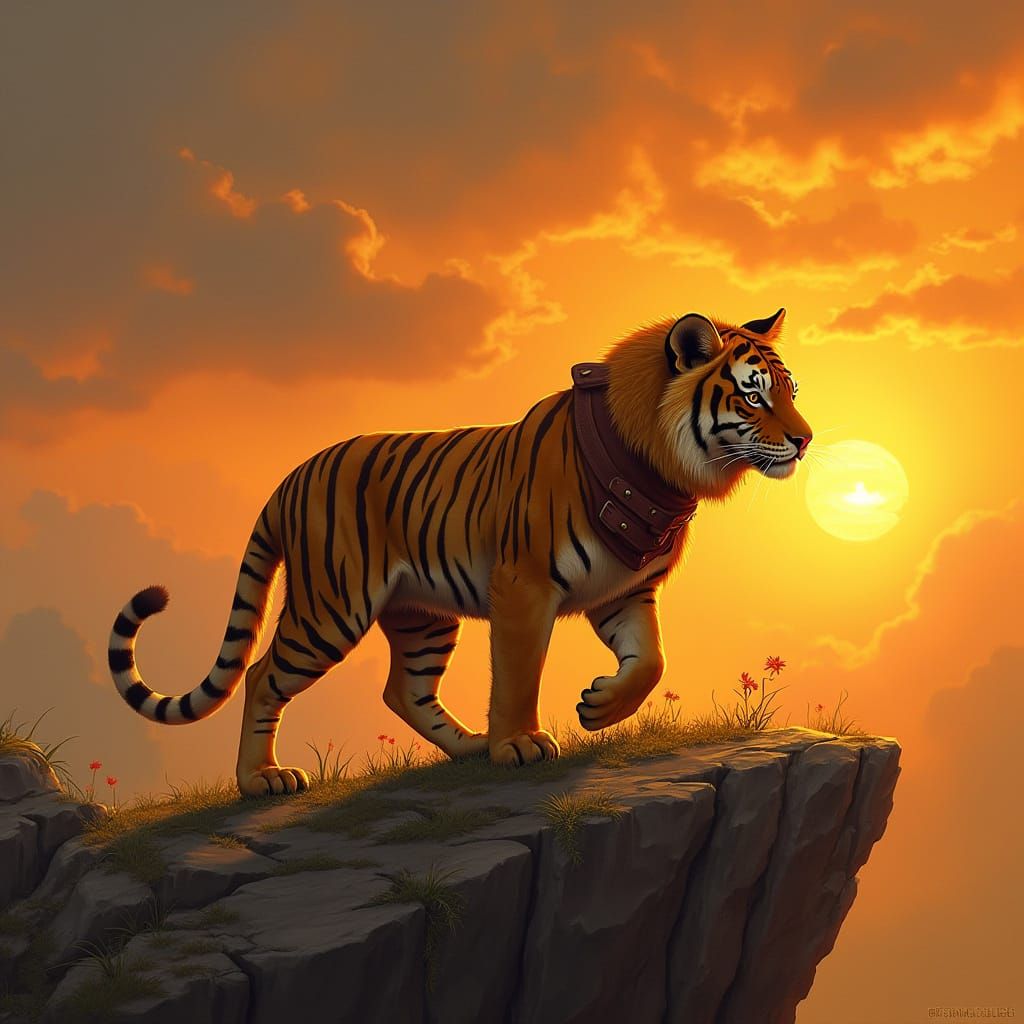Fierce Sunset Feline with Tiger Head and Lion Legs