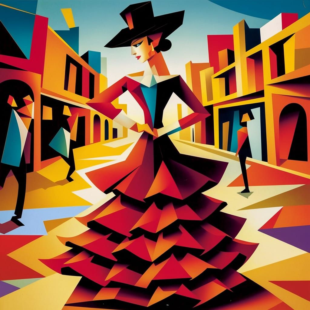 Vibrant Cubist Scene of Flamenco Dancer in Tricorne Hat