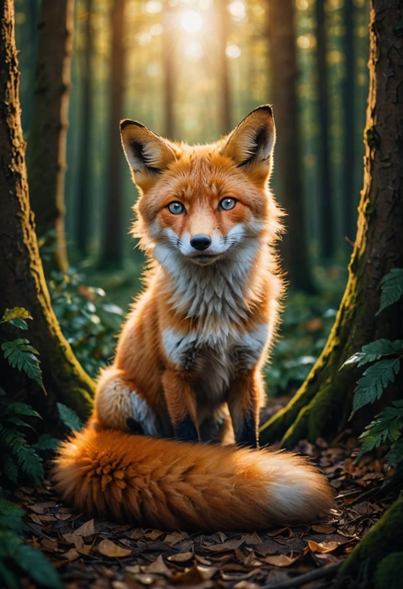 Ginger Fox Portrait in Autumn Forest, Wildlife Photography