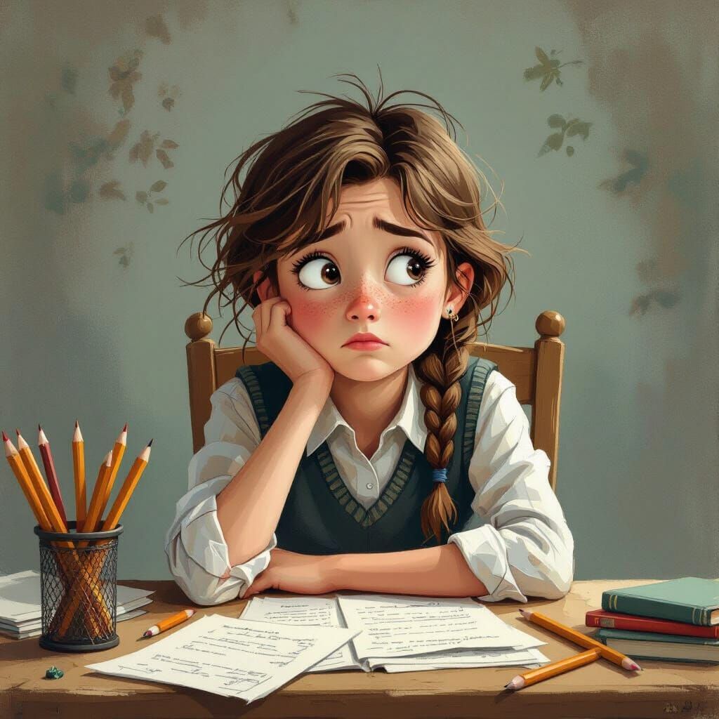 Worried Student at Desk, Gurney-esque Whimsical Style
