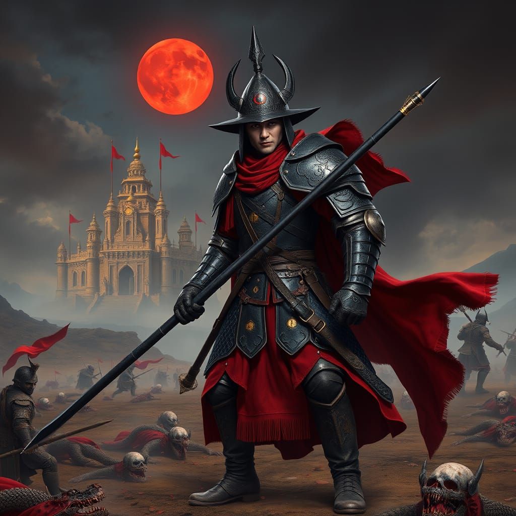 Rhun Soldier in Black Armor Under Red Moon