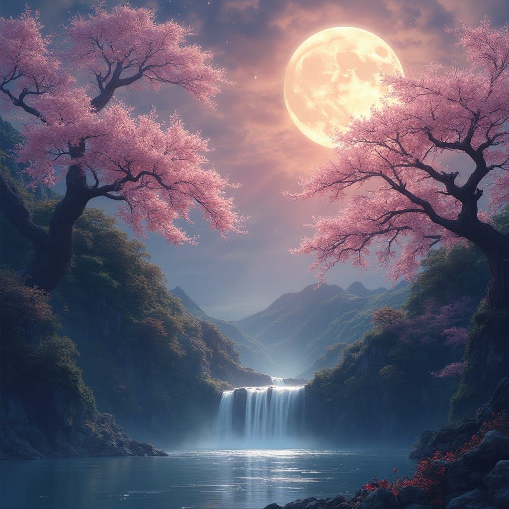 Full Moon Framed by Blossoms in Surreal Style
