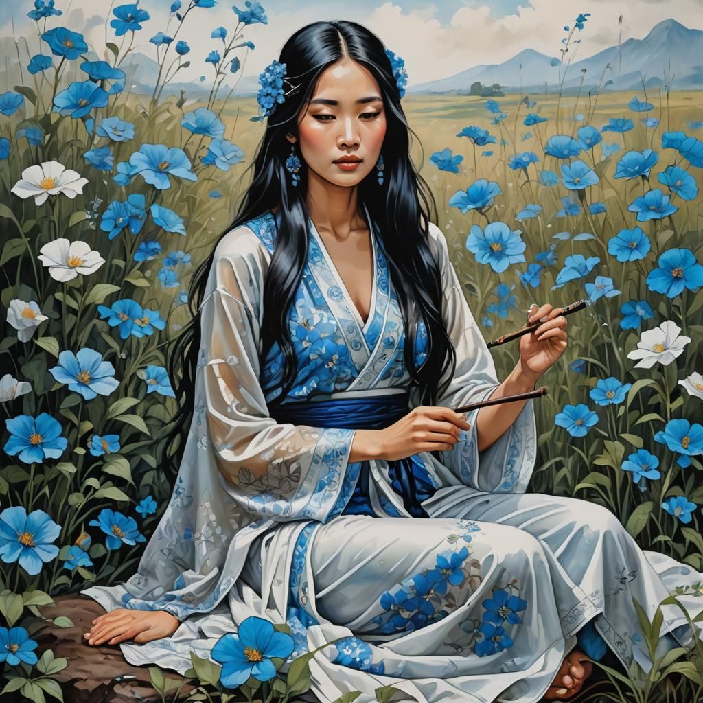 Oriental Woman Smoking Pipe in Blue Flower Field