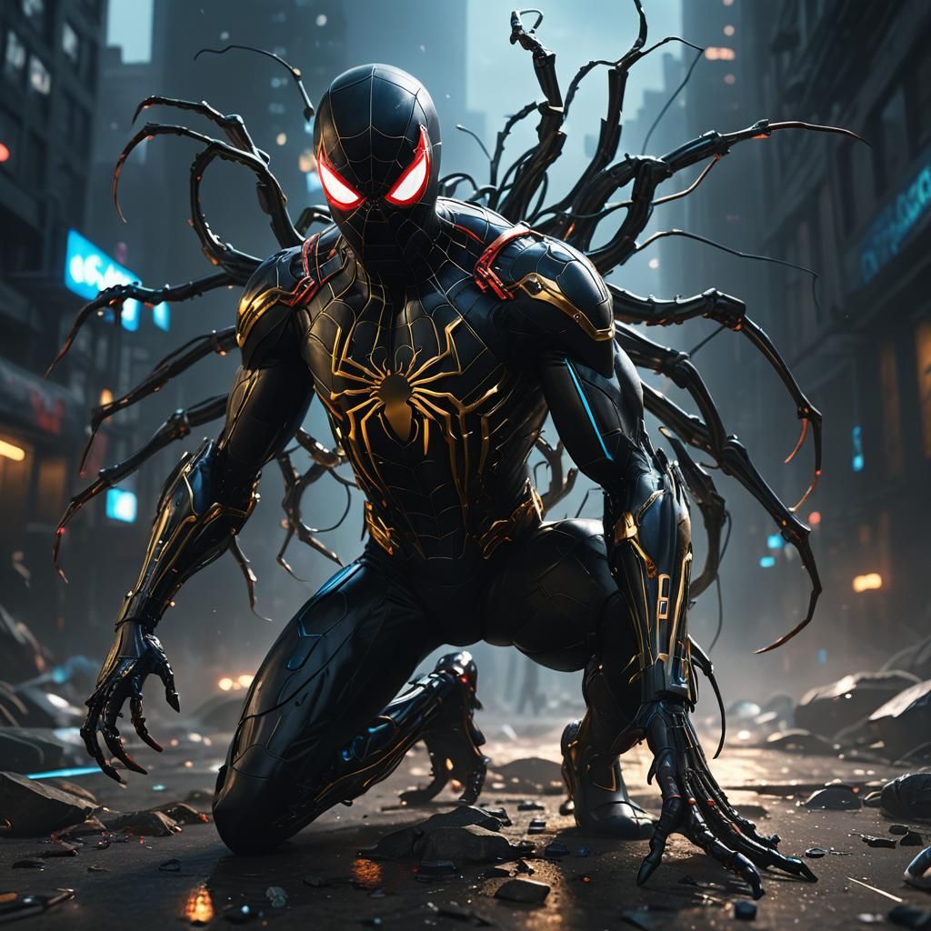 Cyberpunk Spiderman Eats Souls in Dystopian City
