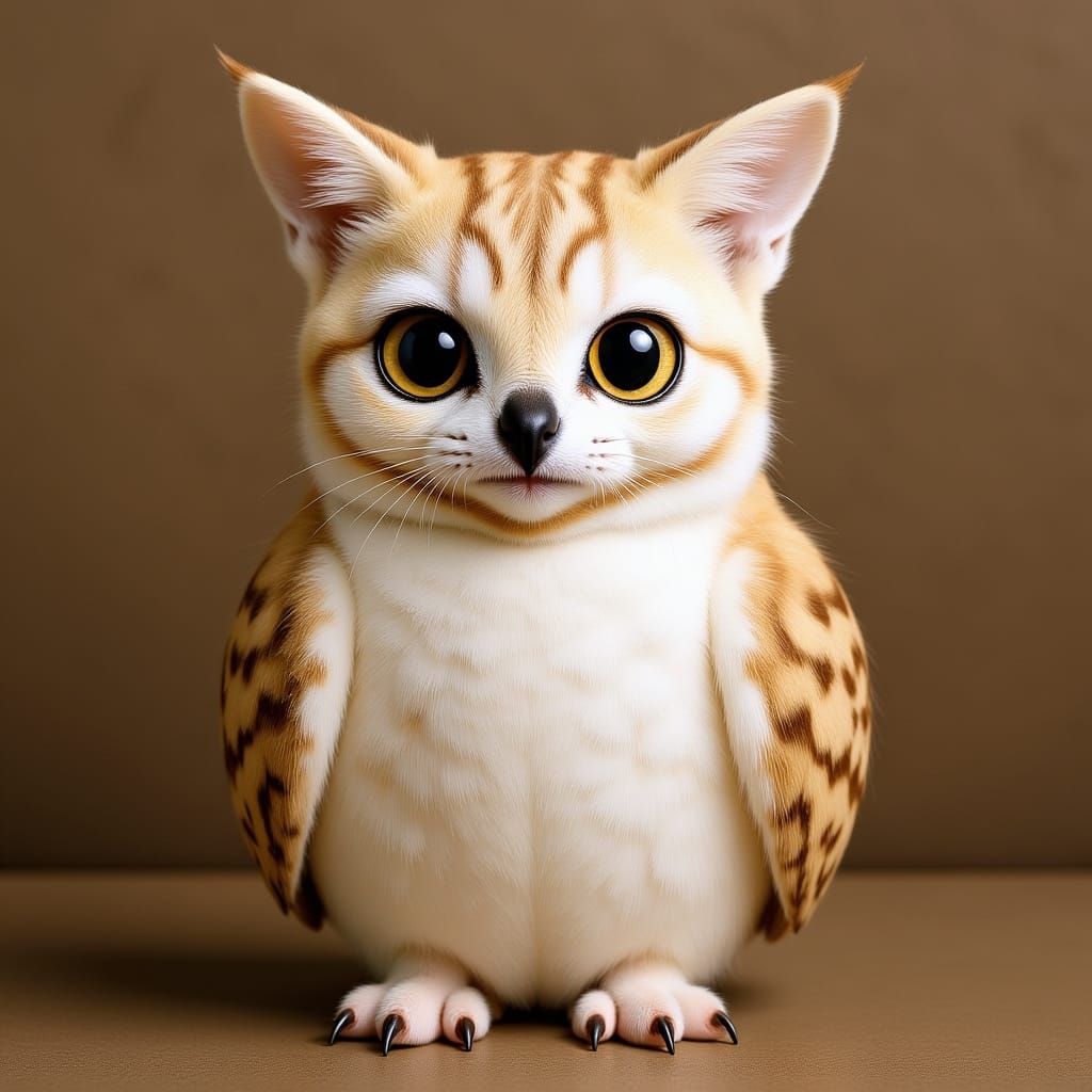 Whimsical Kitten-Faced Baby Owl with Soft Feathers