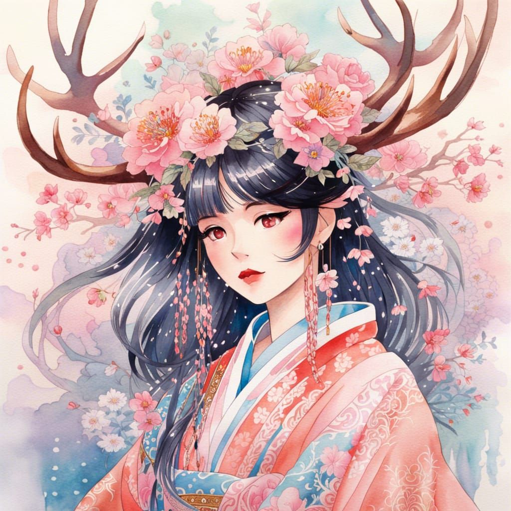 Ethereal Anime Girl with Cherry Blossoms, Watercolor Art
