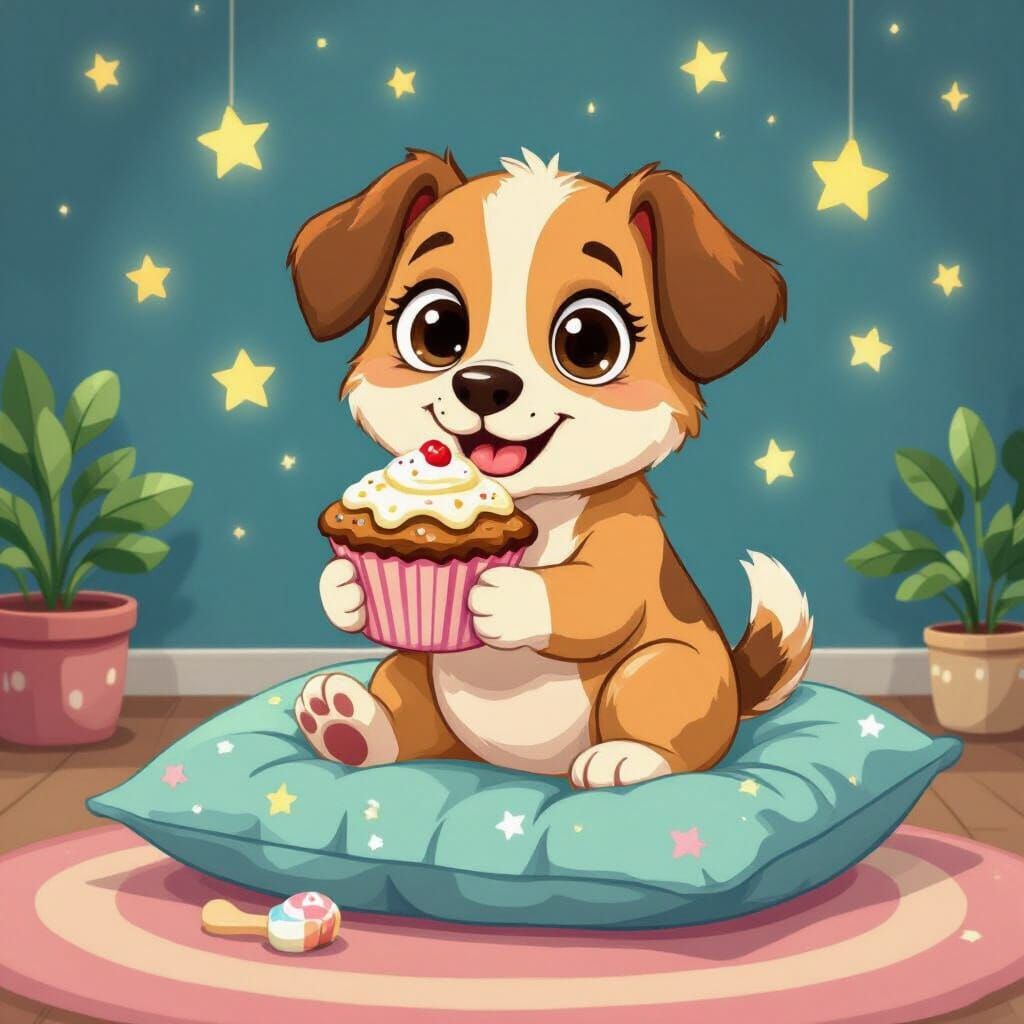 Cute Cartoon Dog with Muffin, Cozy Living Room Scene