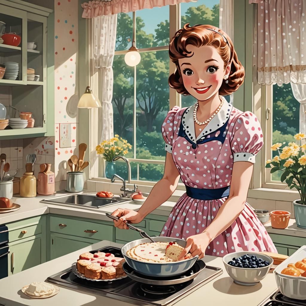 Retro Anime Kitchen Interior with Housewife in 50s Style