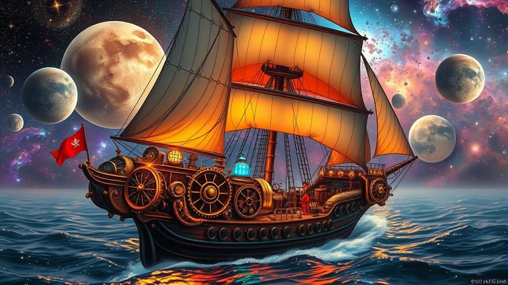 Steampunk Pirate Ship Sails Through Sea of Stars