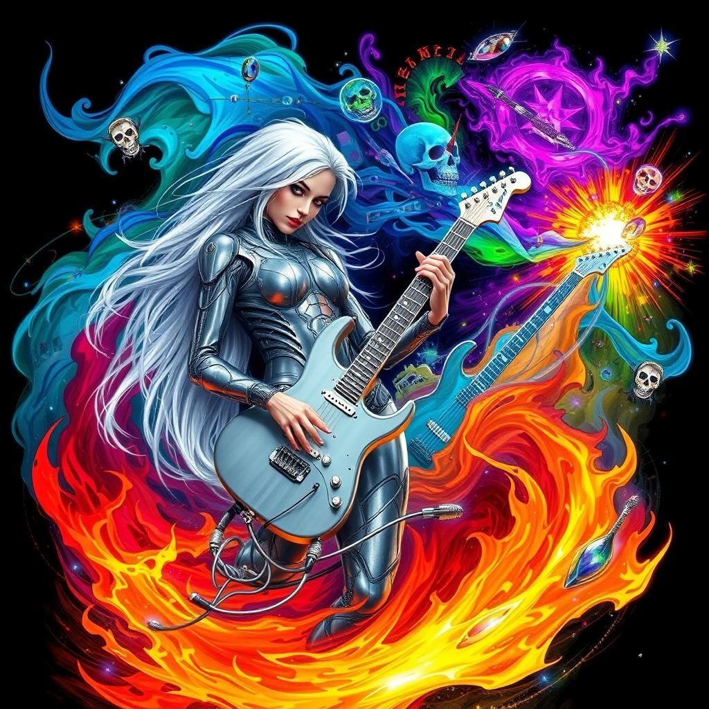 Futuristic Woman Shreds Guitar in Cyberpunk Style