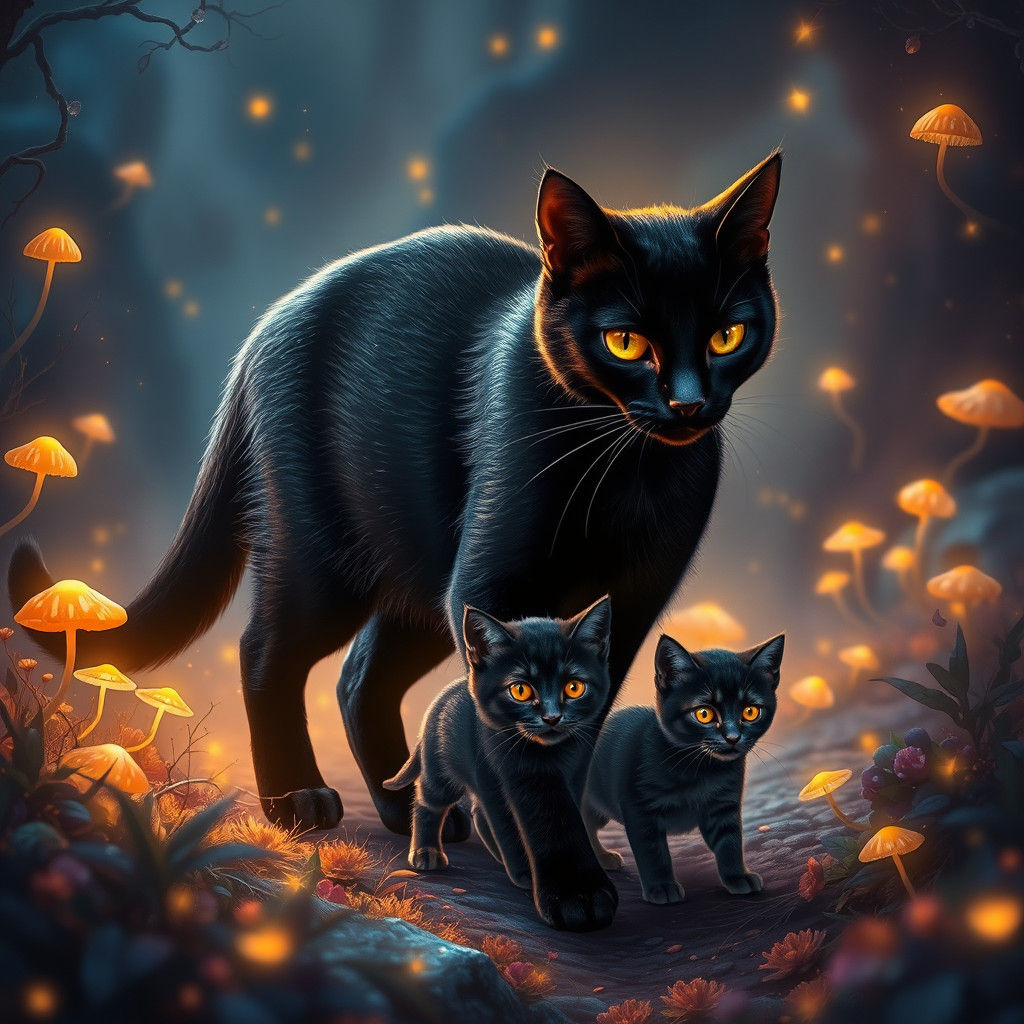 Mystical Black Cat and Kitten in Dreamlike Landscape