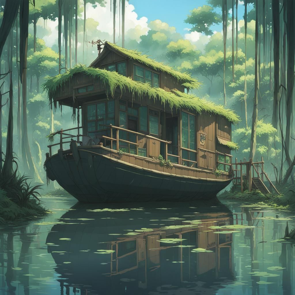 Jungle Swamp Houseboat in Anime Style
